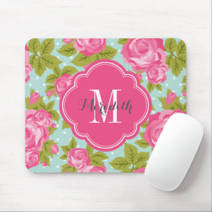 Rosa und mintfarbene Vintage-Rosen-Monogramm Mousepad