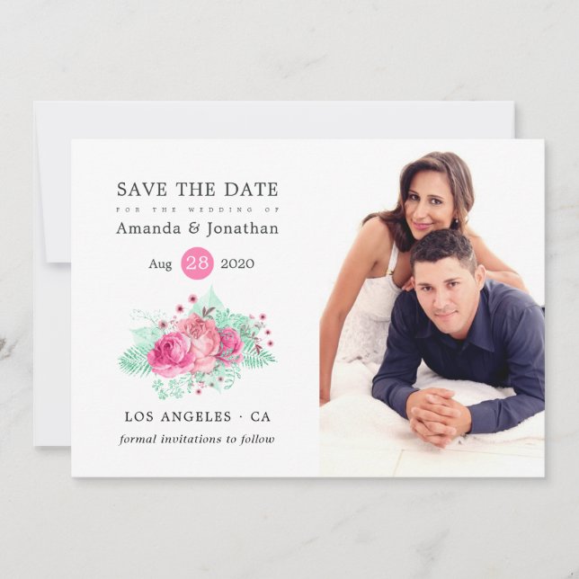 Rosa und Minze tropische Glitzer Blumenzehen Save The Date (Vorderseite)