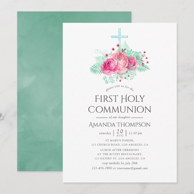 Rosa und Minzflora Erste Heilige Kommune Einladung (Vorne/Hinten)