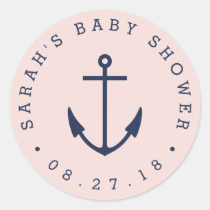 Rosa und Navy Anchor Nautical Baby Shooter Runder Aufkleber