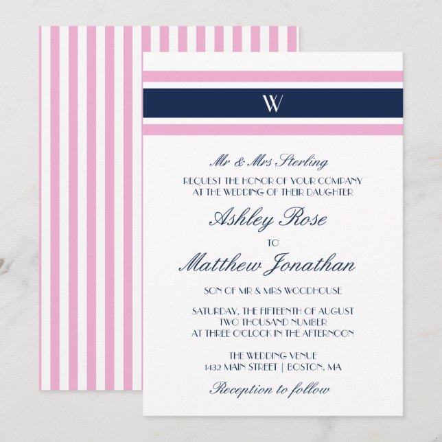 Rosa und Navy Blau | Monogramm-Hochzeit Einladung (Vorne/Hinten)