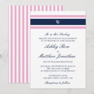Rosa und Navy Blau   Monogramm-Hochzeit Einladung