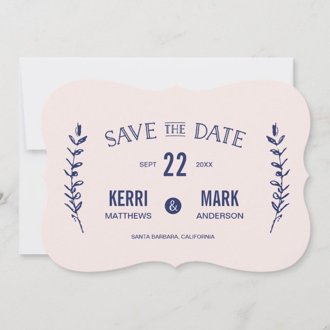Rosa und Navy Blue Laurels Save the Date Karte (Vorderseite)