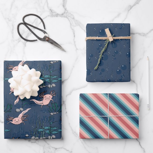 Rosa und navy Blue Mexican Axolotl Geschenkpapier Set (Vorderseite)