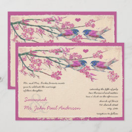 Rosa und Navy Love Bird Cherry Blossom Hochzeit Einladung