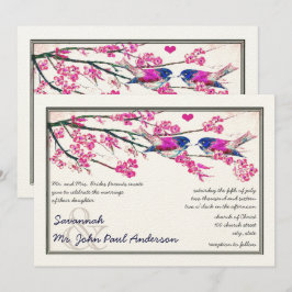 Rosa und Navy Love Bird Cherry Blossom Hochzeit Einladung