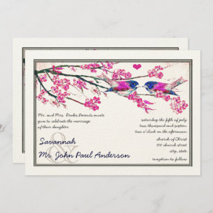 Rosa und Navy Love Bird Cherry Blossom Hochzeit Einladung