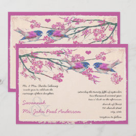 Rosa und Navy Love Bird Cherry Blossom Hochzeit Einladung