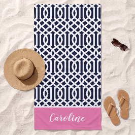 Rosa und Navy Trellis Monogram Strandtuch