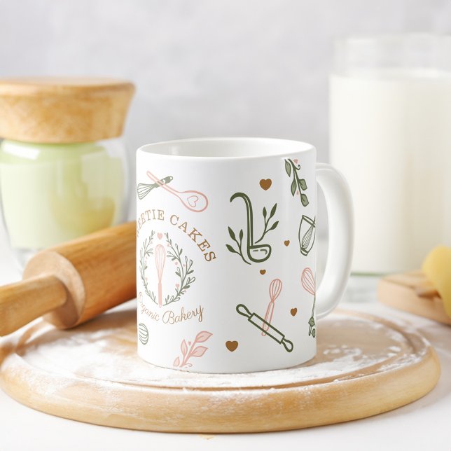 Rosa und Olivgrün Backen & Kochen Utensidische Bäc Kaffeetasse (Pink & Olive Green Baking & Cooking Utensil Bakery Coffee Mug)