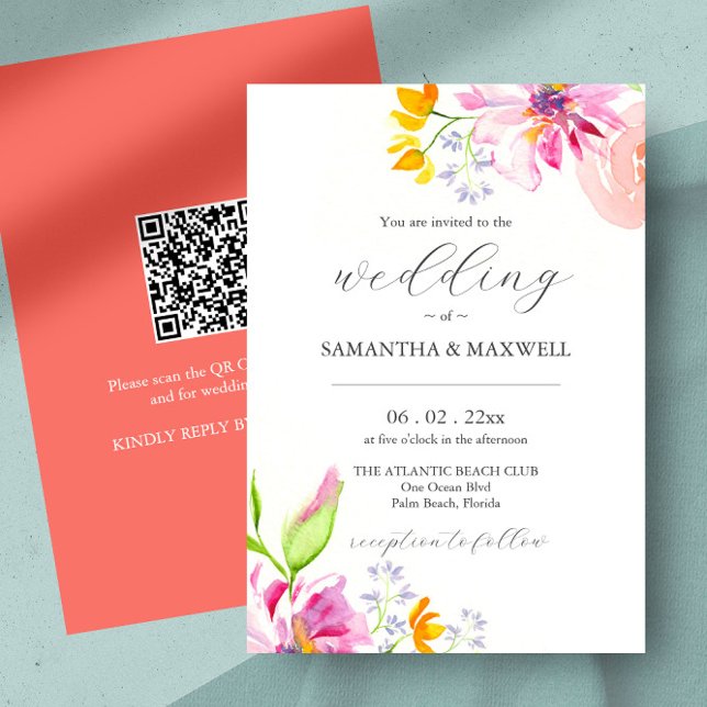 Rosa und orange Einladungen für Hochzeiten mit QR- (pink and orange wedding invitations unique watercolor floral art by Victoria Grigaliunas)