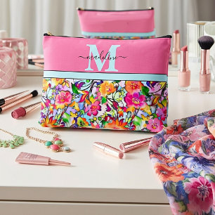 Rosa und orange florale personalisiert zubehörtasche