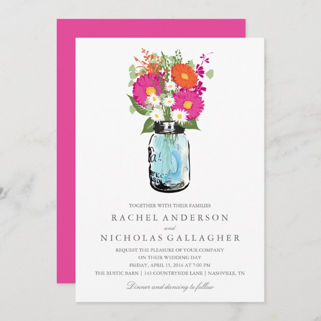 Rosa und orange Gerber Einladung (Vorne/Hinten)