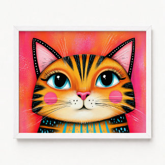 Rosa und orange girly getigerte Katzenmalerei Poster