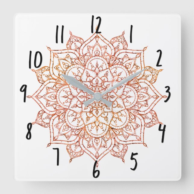 Rosa und Orange Mandala auf weißem Glam Quadratische Wanduhr (Vorderseite)
