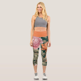 Rosa und orange Pfingstrosen Capri Leggings