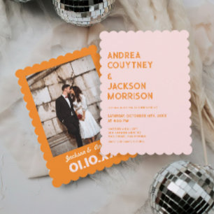Rosa und Orange Retro Boho Hochzeit Einladung