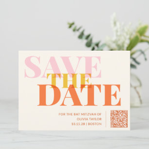 Rosa und orange Retro Modernes Bat Mitzvah QR Code Save The Date