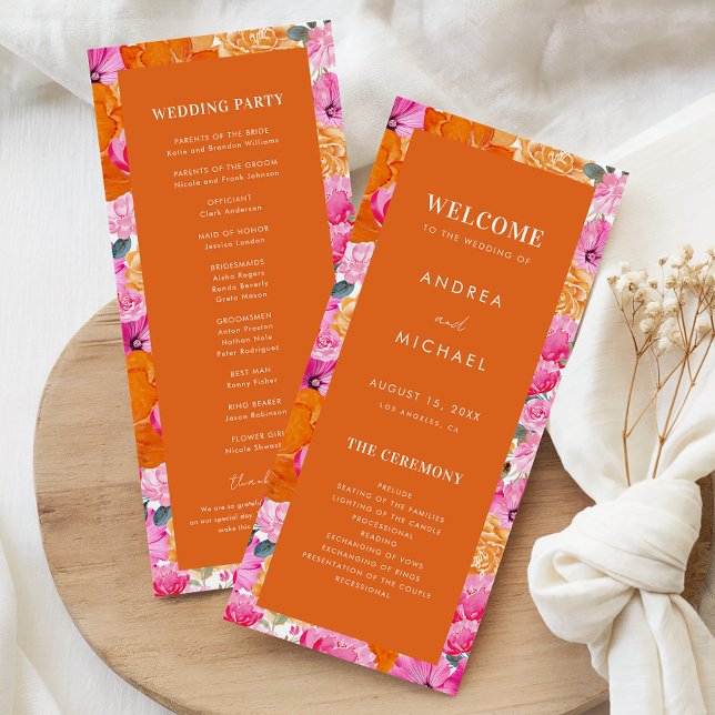 Rosa und orange Sommer Blütenblütenblüte Hochzeit Programm (Von Creator hochgeladen)