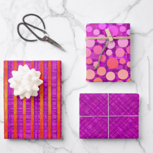Rosa und Orange, Streifen, Kariert, Polka-Punkte Geschenkpapier Set