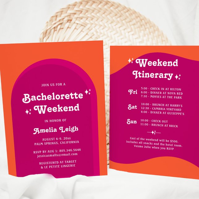 Rosa und orange Sunset Retro Bacheloretto Wochenen Einladung (Von Creator hochgeladen)