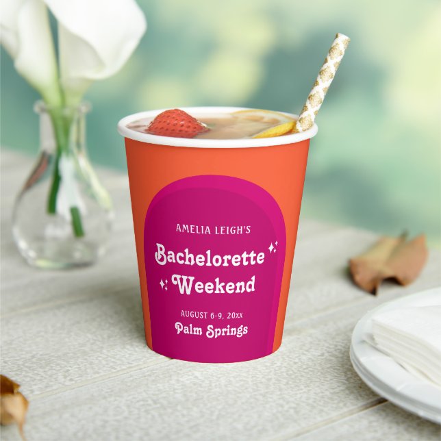 Rosa und orange Sunset Retro Bacheloretto Wochenen Pappbecher (In Situ)