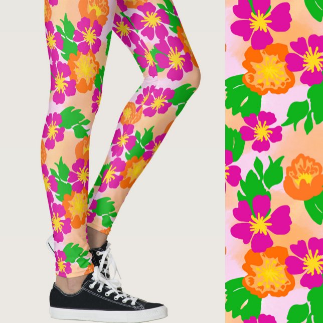 Rosa und orange tropische Blumen gemustert Leggings (Von Creator hochgeladen)