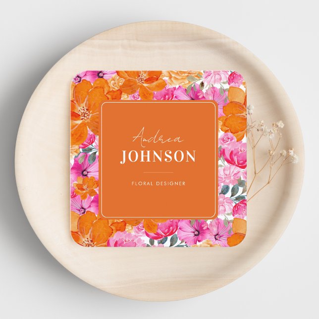 Rosa und Orange Vibranntfarbene Sommerflora Quadratische Visitenkarte (Von Creator hochgeladen)