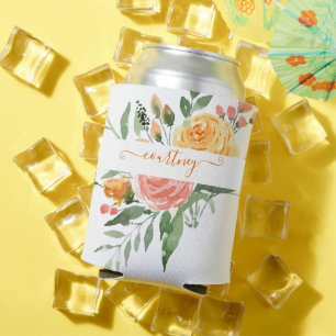 Rosa und orange Wasserfarbe floral personalisiert Dosenkühler