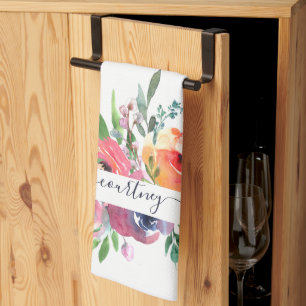 Rosa und orange Wasserfarbe floral personalisiert  Geschirrtuch