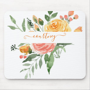 Rosa und orange Wasserfarbe floral personalisiert Mousepad