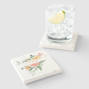 Rosa und orange Wasserfarbe floral personalisiert  Steinuntersetzer