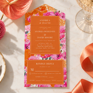 Rosa und Orange Wasserfarben Blumen Hochzeit All In One Einladung