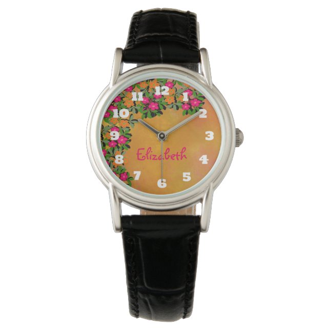 Rosa und orange Wildblumen Personalisiert Armbanduhr (Vorderseite)