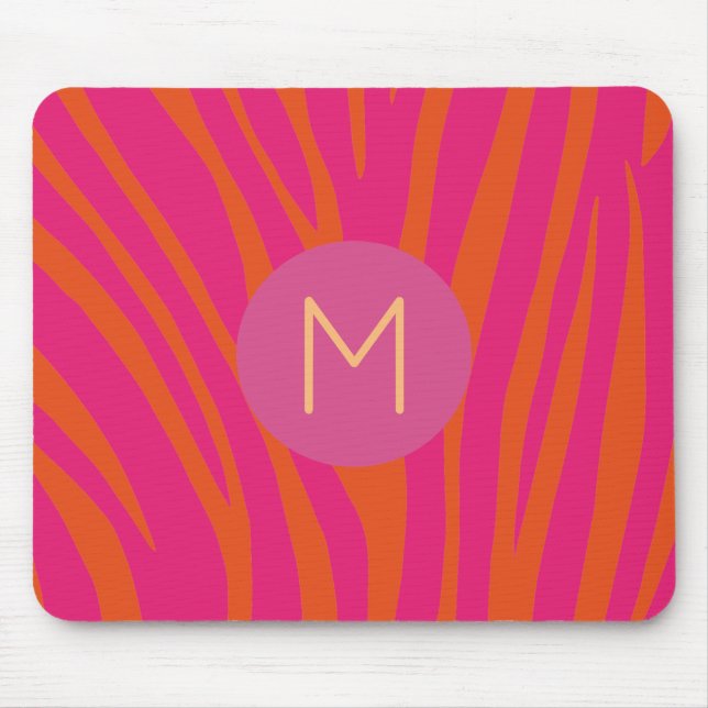 Rosa und orange Zebra Streifen Moderne Monogramme Mousepad (Vorne)