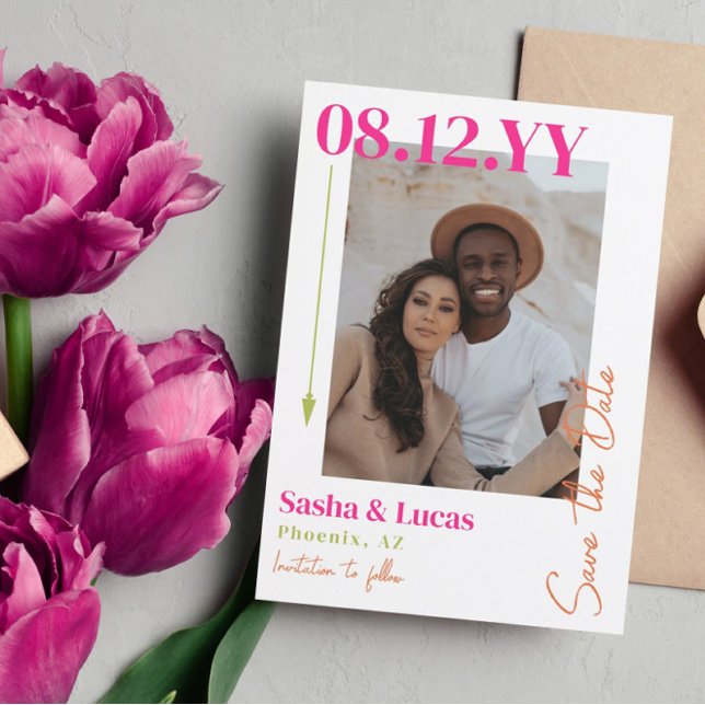 Rosa und orangefarbene Arrow Typografie Foto Save  The Date (Von Creator hochgeladen)