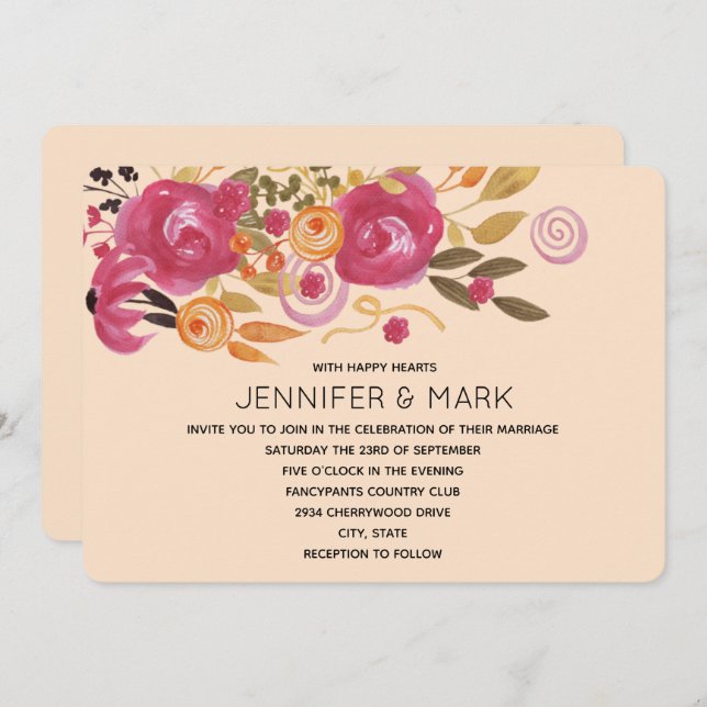 Rosa und orangefarbene Blume Bouquet auf Peach Hin Einladung (Vorne/Hinten)