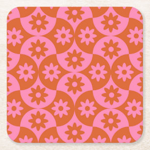 Rosa und orangefarbene Blumen auf Mid Century Scal Rechteckiger Pappuntersetzer