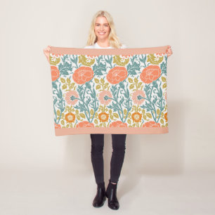 Rosa und orangefarbene Blumen, Vintage-Grafik-Art Fleecedecke