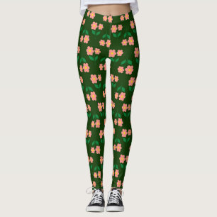 Rosa und orangefarbene Blütendrucke in grüner Farb Leggings