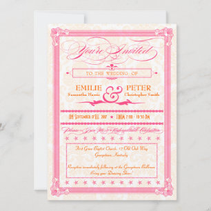 Rosa und orangefarbene Damast-Hochzeitseinladung i Einladung