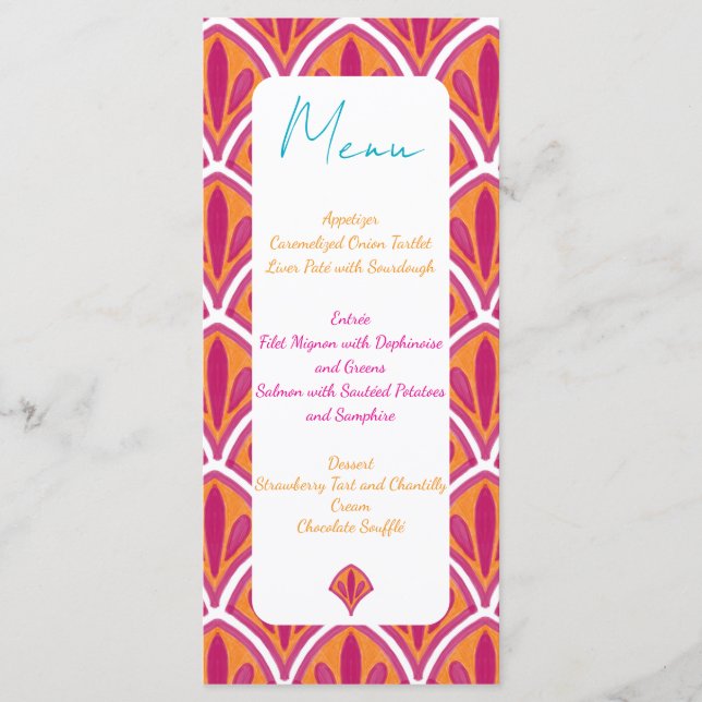 Rosa und orangefarbene Fan-Hochzeit Menükarte (Vorderseite)