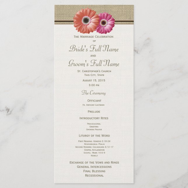 Rosa und orangefarbene Gerbera-Daisy-Hochzeitsprog Programm (Vorderseite)