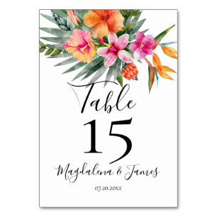 Rosa und orangefarbene Hochzeit tropischer Flora Tischnummer