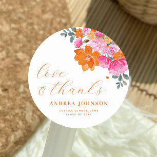 Rosa und orangefarbene Liebe und Dank Abschluss Runder Aufkleber