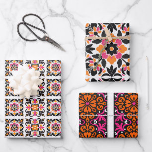 Rosa und orangefarbene mexikanische Folkloreflecht Geschenkpapier Set