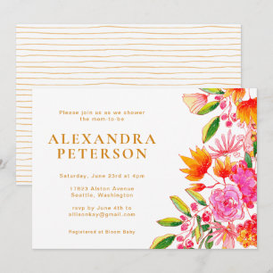 Rosa und orangefarbene Wasserfarbe Floral-Baby-Par Einladung