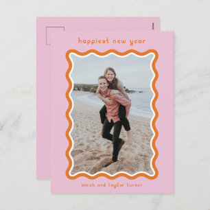 Rosa und orangefarbene Wavy Frame glücklich Neues  Feiertagspostkarte
