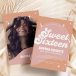 Rosa und orangefarbener Boho Arch & Foto Retro Swe Einladung<br><div class="desc">Rosa und Orange Boho Arch & Foto Retro Sweet 16 Einladung</div>