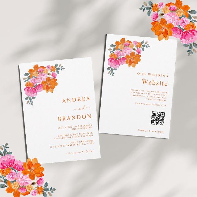 Rosa und orangefarbener QR-Code Hochzeit Einladung (Von Creator hochgeladen)